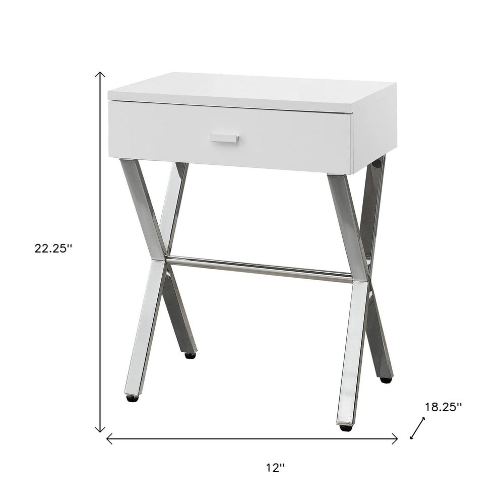 22" White And Silver Wood And Iron Cross Legs End Table With Drawer