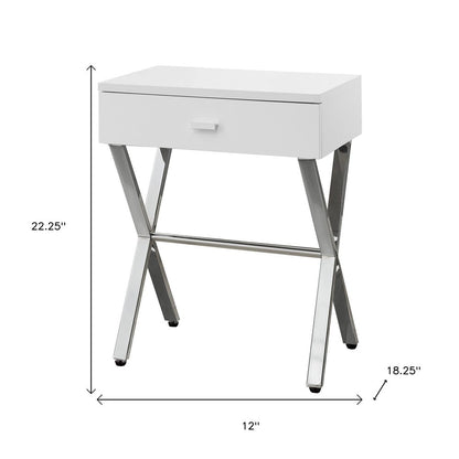 22" White And Silver Wood And Iron Cross Legs End Table With Drawer