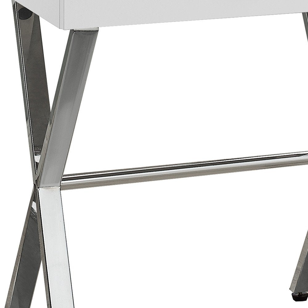 22" White And Silver Wood And Iron Cross Legs End Table With Drawer