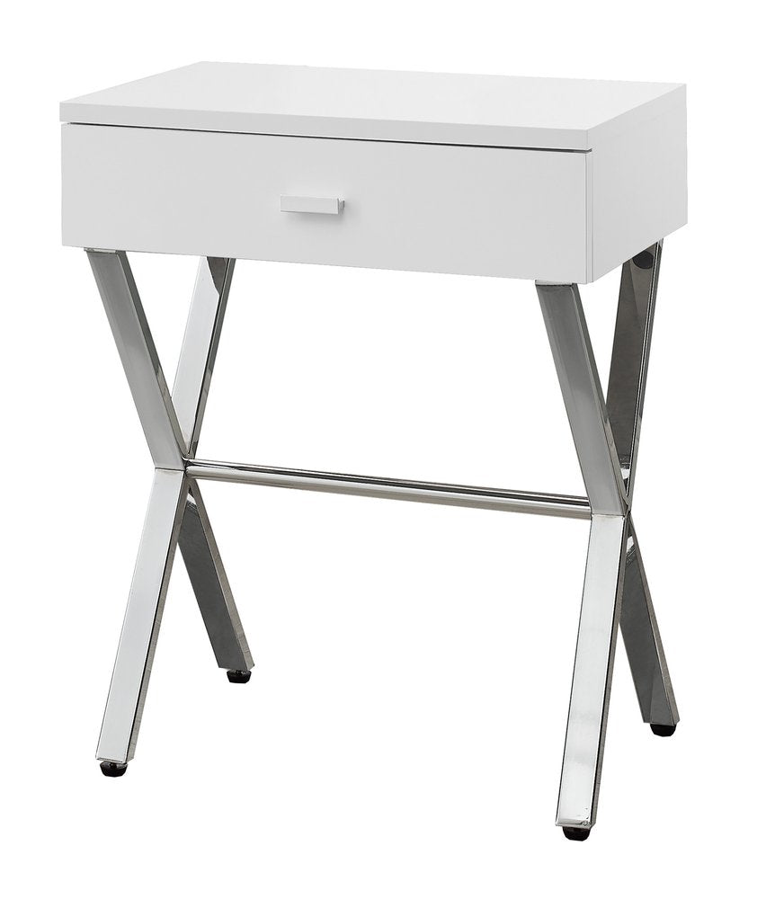 22" White And Silver Wood And Iron Cross Legs End Table With Drawer