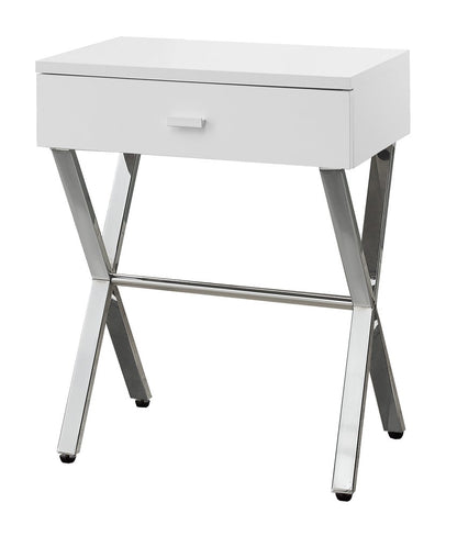 22" White And Silver Wood And Iron Cross Legs End Table With Drawer