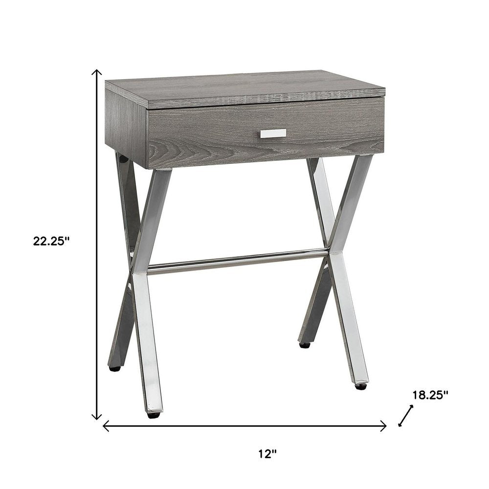22" White And Silver Wood And Iron Cross Legs End Table With Drawer