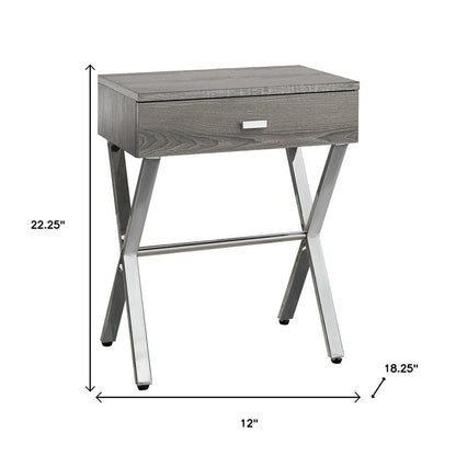 22" White And Silver Wood And Iron Cross Legs End Table With Drawer