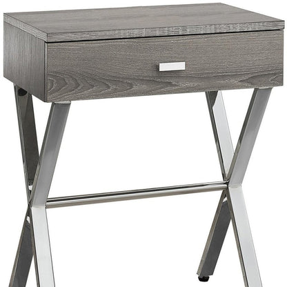 22" White And Silver Wood And Iron Cross Legs End Table With Drawer