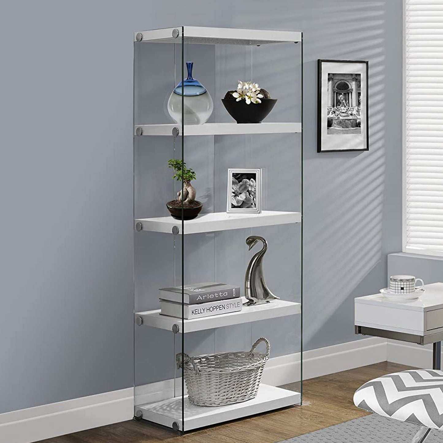White Glass Four Tier Etagere Bookcase