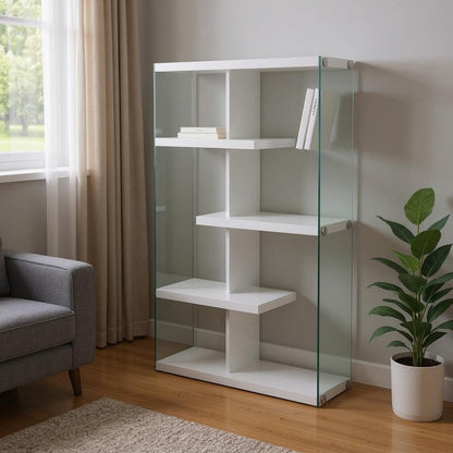 59" White And Clear Glass and Wood Four Tier Etagere Bookcase