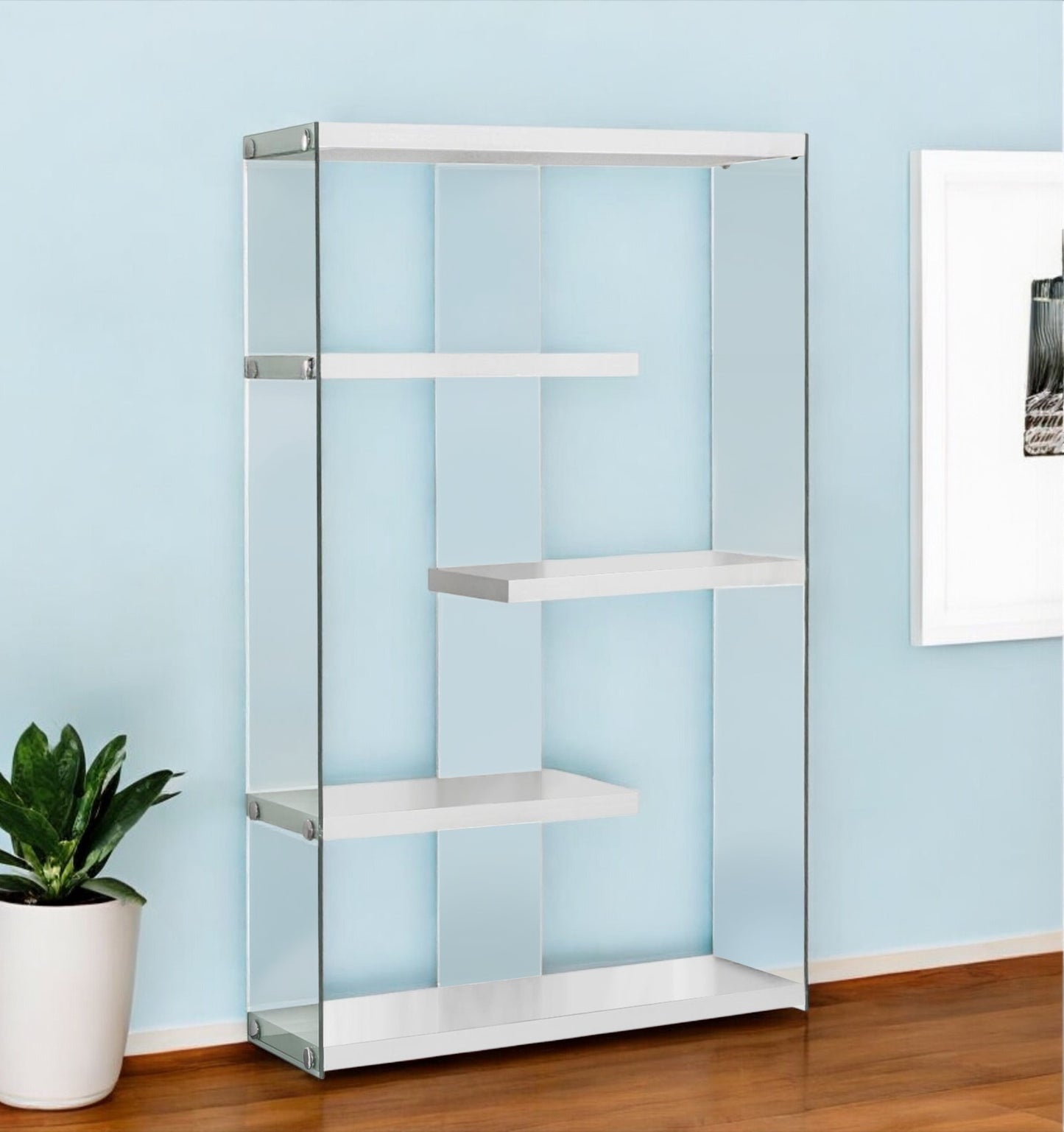 59" White And Clear Glass and Wood Four Tier Etagere Bookcase