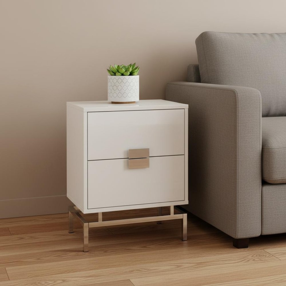 24" Beige And Gold Wood And Iron End Table With Two Drawers