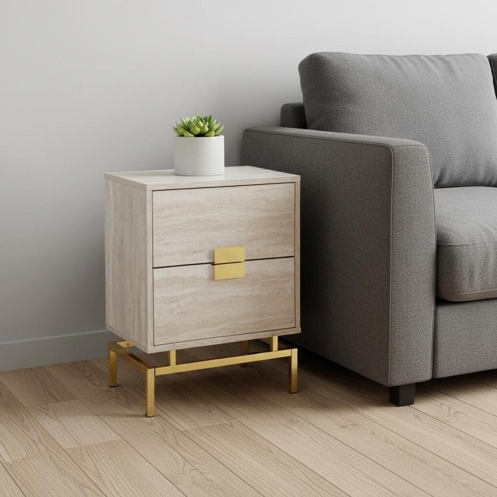24" Beige And Gold Wood And Iron End Table With Two Drawers