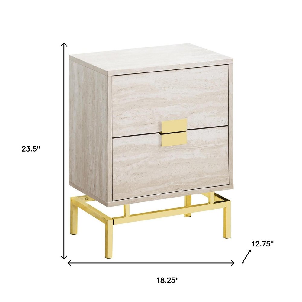 24" Beige And Gold Wood And Iron End Table With Two Drawers