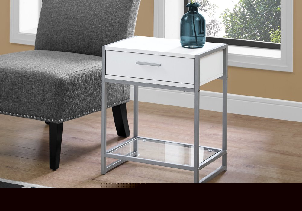 22" White Glass And Metal End Table With Drawer And Shelf