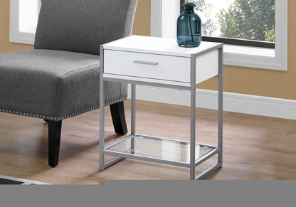 22" White Glass And Metal End Table With Drawer And Shelf