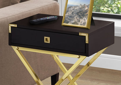 24" Silver And Deep Taupe Wood And Metal End Table With Drawer