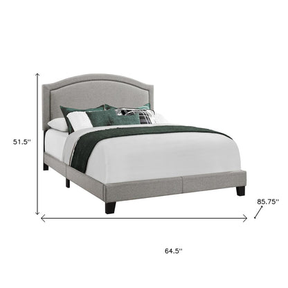 Gray Solid Wood Queen Upholstered Linen Bed Frame with Nailhead Trim