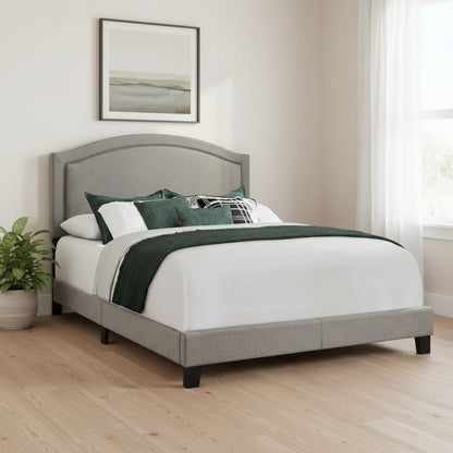 Gray Solid Wood Queen Upholstered Linen Bed Frame with Nailhead Trim