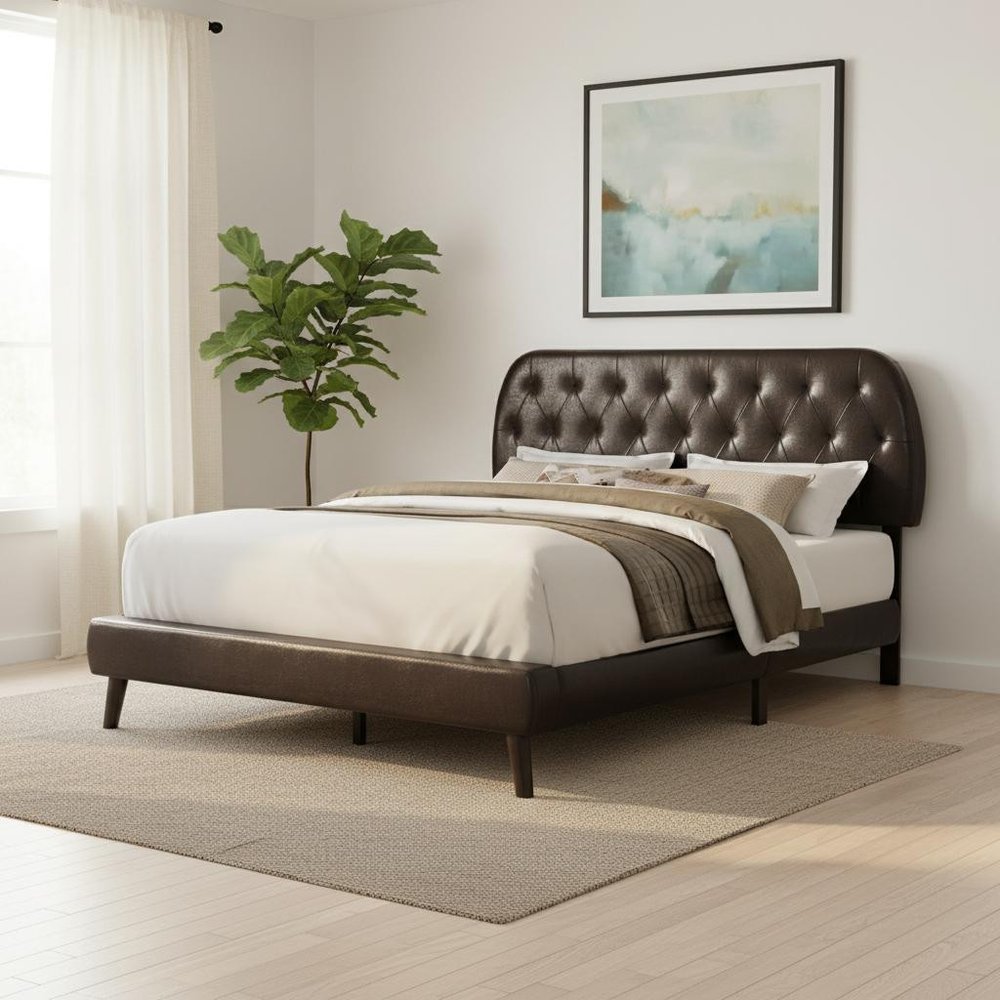 Brown Queen Tufted Upholstered Faux Leather Bed Frame