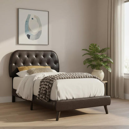Brown Twin Tufted Upholstered Faux Leather Bed Frame