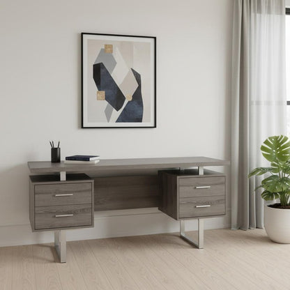 24" Brown and Silver Computer Desk With Three Drawers