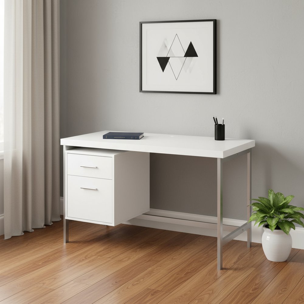 47" White and Silver Computer Desk With Two Drawers