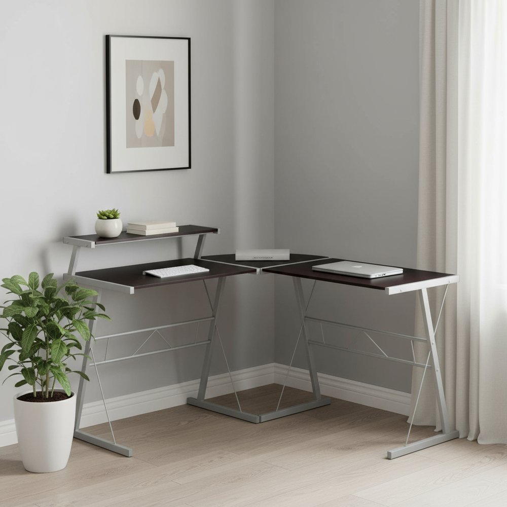 48" Dark Brown and Silver L Shape Computer Desk