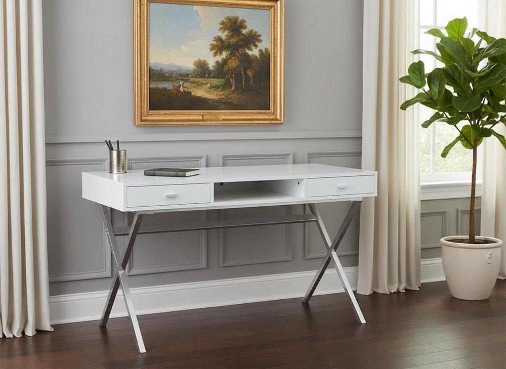 47" White and Silver Computer Desk With Two Drawers