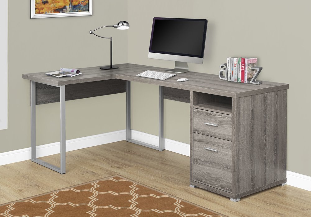79" Taupe and Silver L Shape Computer Desk With Two Drawers
