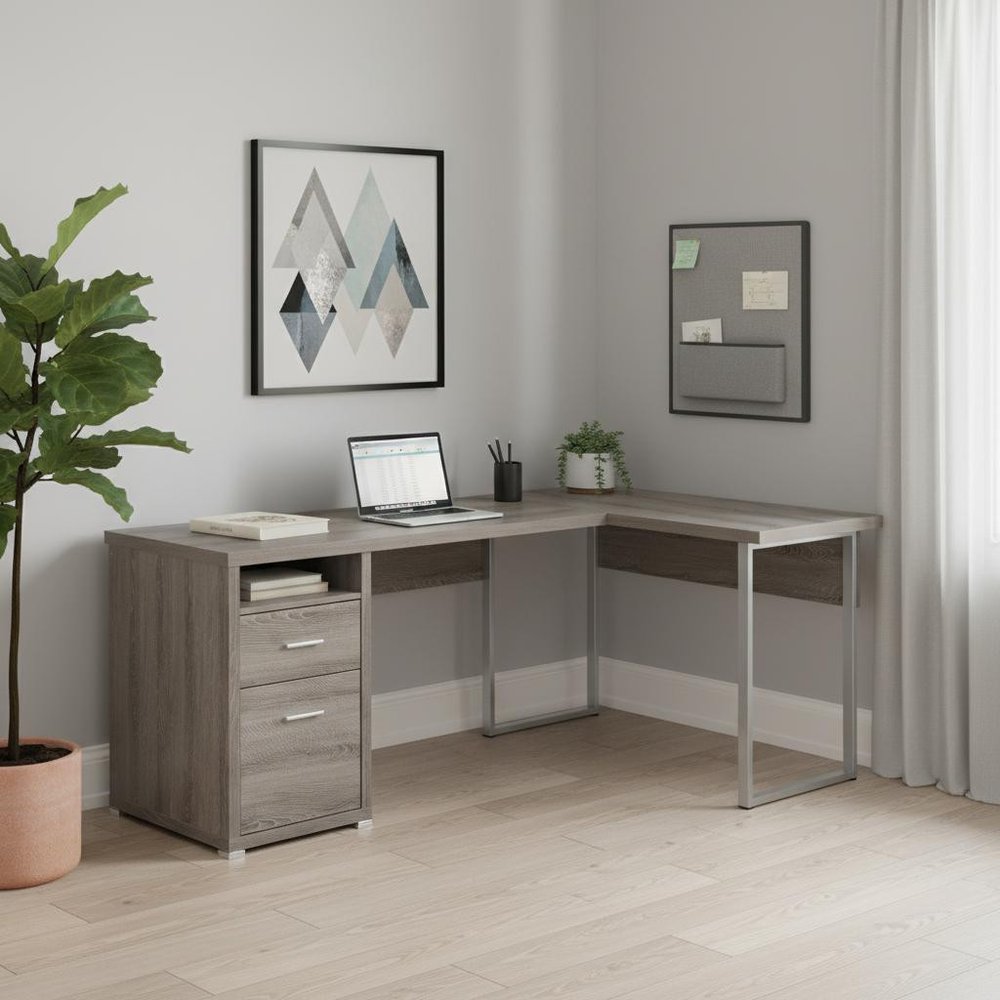79" Taupe and Silver L Shape Computer Desk With Two Drawers