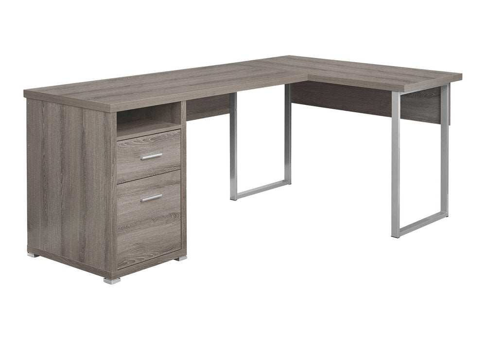 79" Taupe and Silver L Shape Computer Desk With Two Drawers