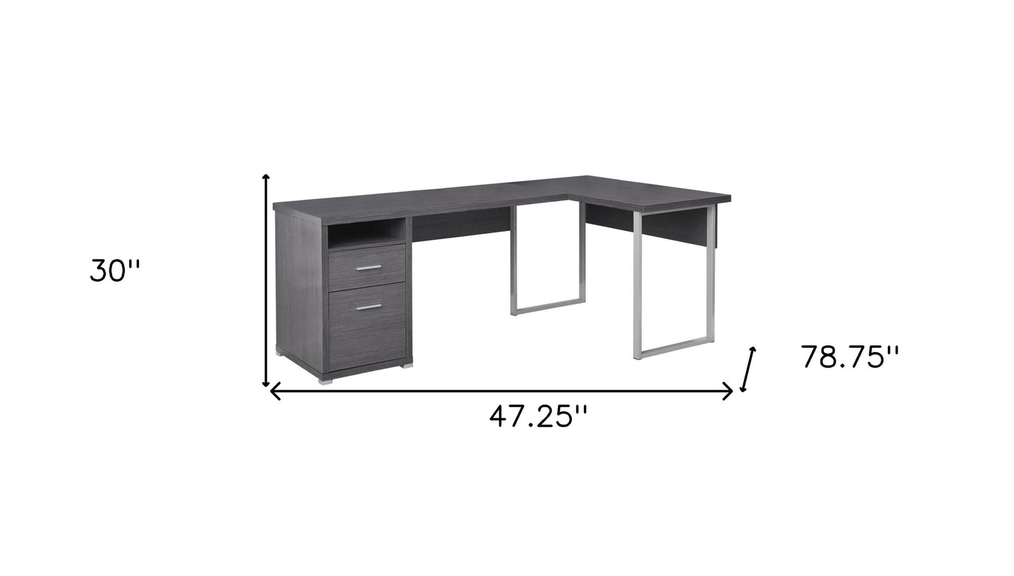47" Taupe and Silver L Shape Computer Desk With Two Drawers