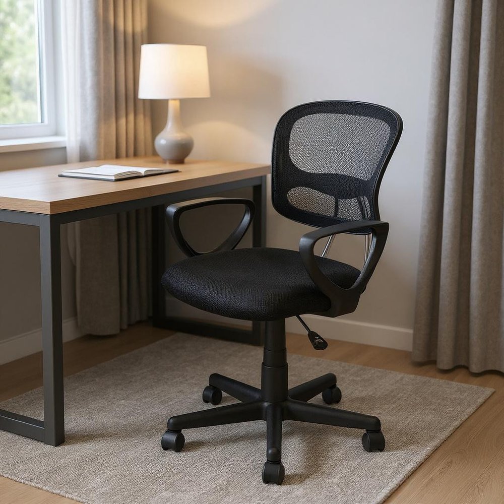 Black Polyester Seat Swivel Adjustable Task Chair Mesh Back Plastic Frame