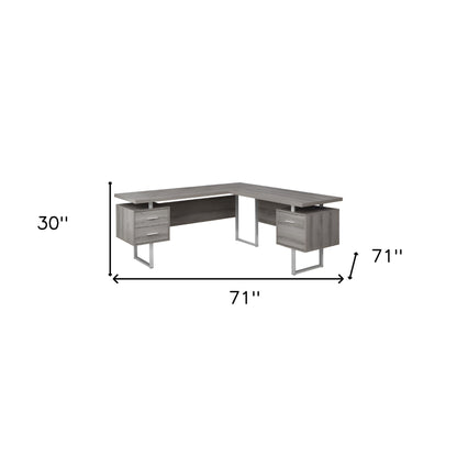 71" Taupe and Silver L Shape Computer Desk With Three Drawers