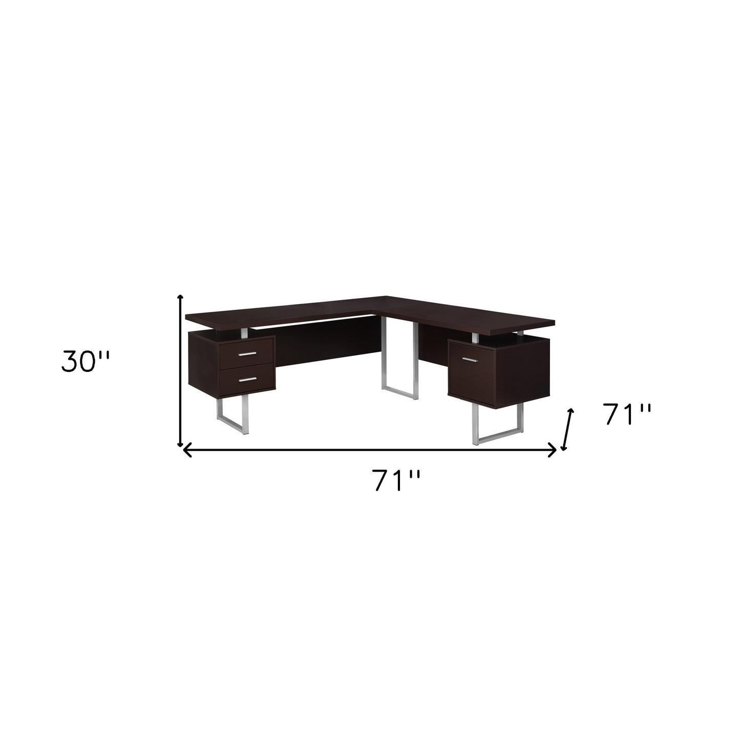 71" Taupe and Silver L Shape Computer Desk With Three Drawers