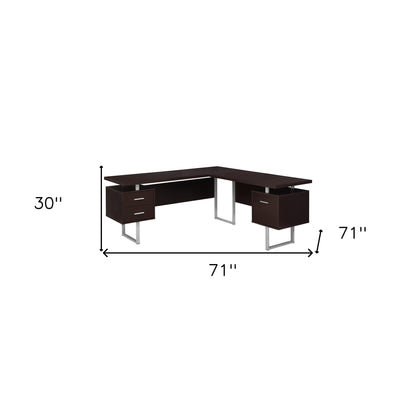 71" Taupe and Silver L Shape Computer Desk With Three Drawers