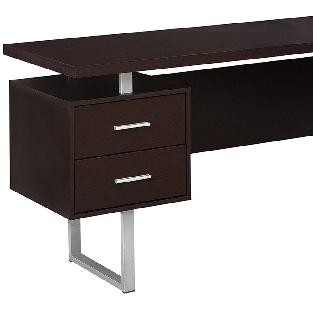 71" Taupe and Silver L Shape Computer Desk With Three Drawers
