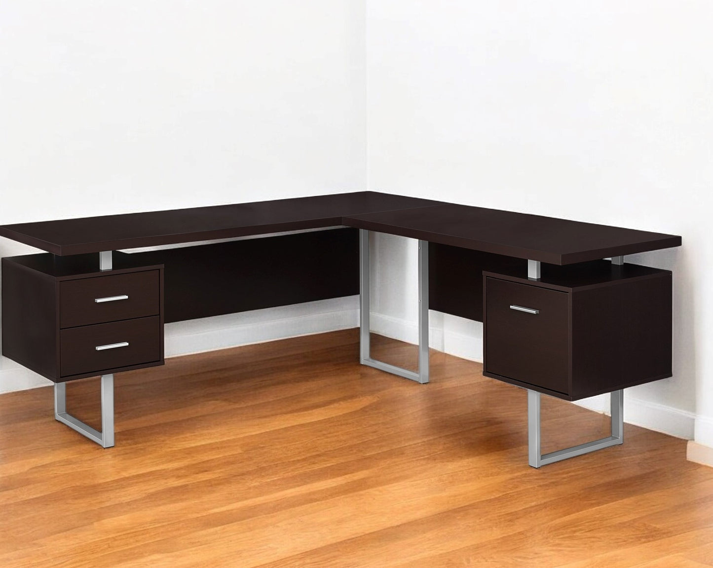 71" Taupe and Silver L Shape Computer Desk With Three Drawers