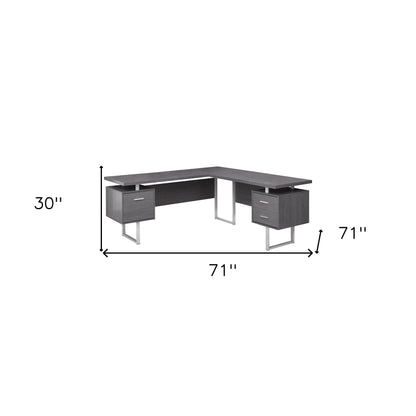 71" Taupe and Silver L Shape Computer Desk With Three Drawers