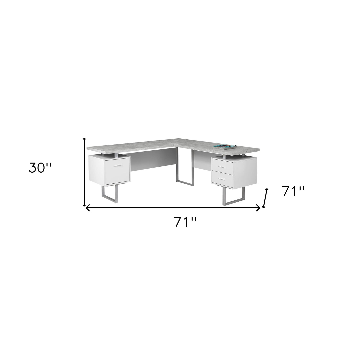 71" Taupe and Silver L Shape Computer Desk With Three Drawers