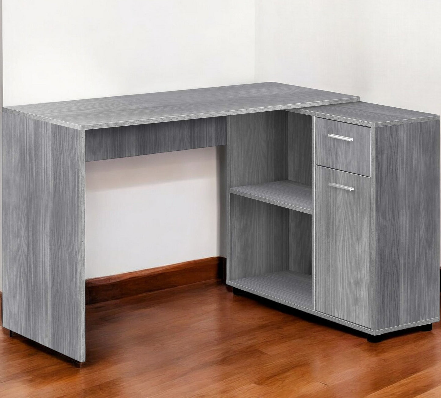 34" Gray L Shape Computer Desk With Two Drawers