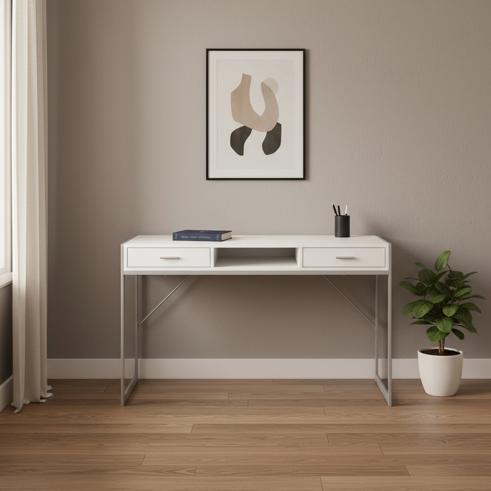 48" White and Silver Computer Desk With Two Drawers