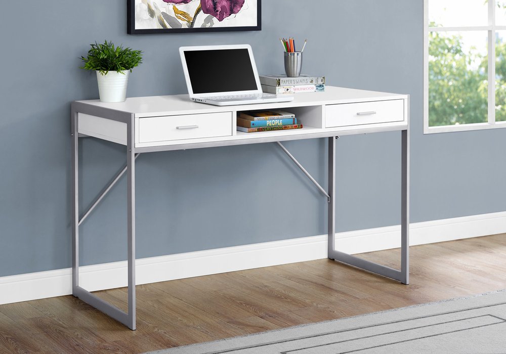 48" White and Silver Computer Desk With Two Drawers