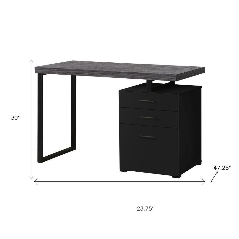 24" Gray and Black Computer Desk With Three Drawers