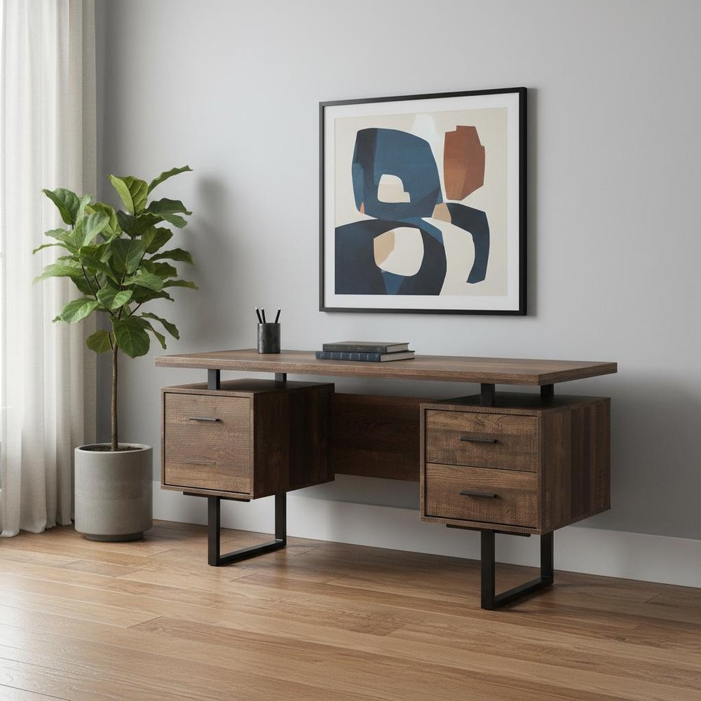 60" Brown and Black With Three Drawers