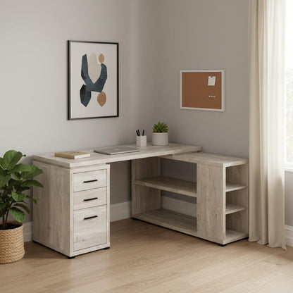 60" Taupe L Shape Computer Desk With Three Drawers
