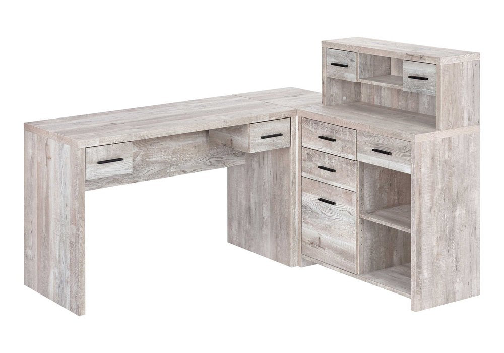 63" Taupe L Shape Computer Desk With Eight Drawers
