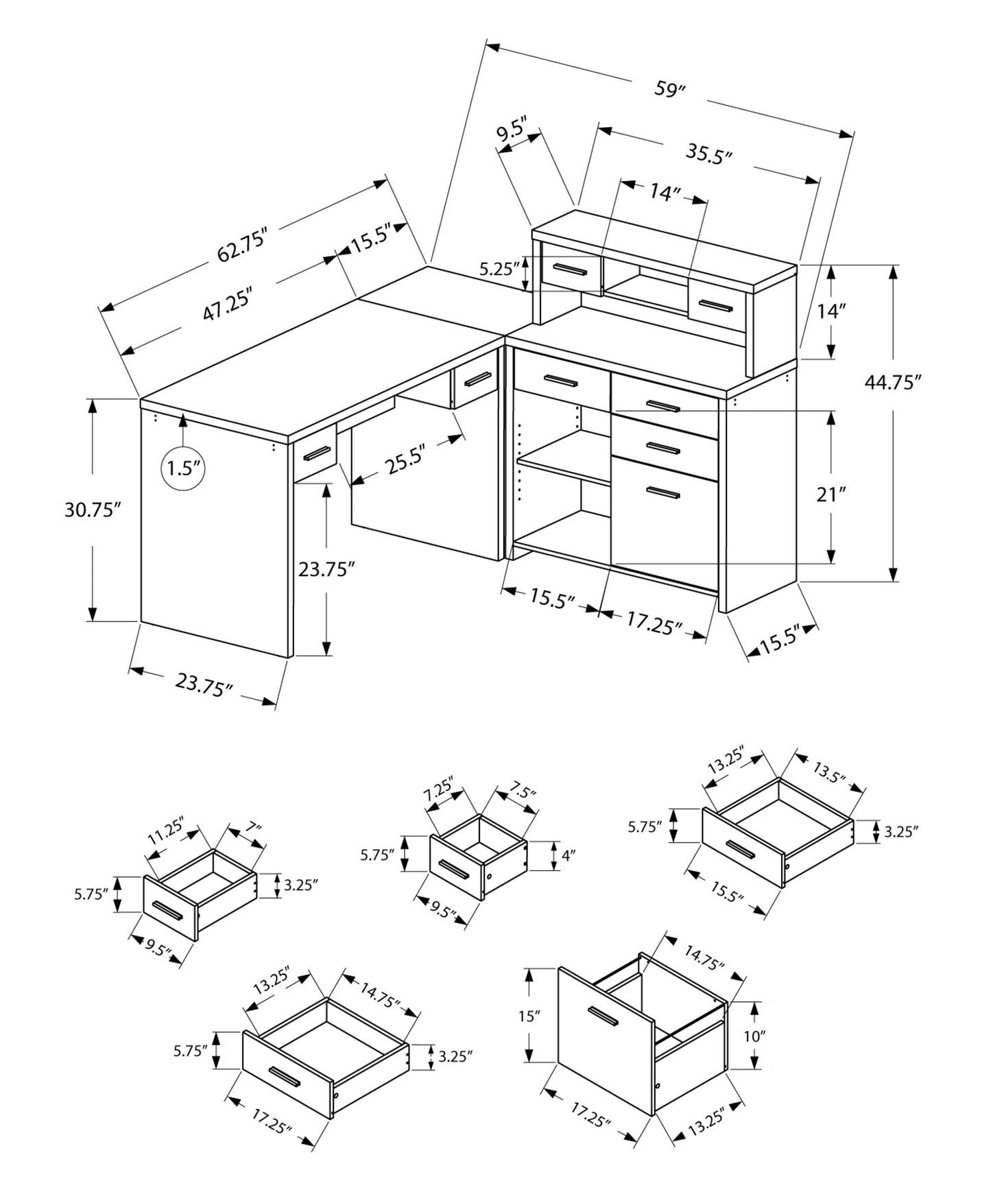 63" Brown L Shape Computer Desk With Eight Drawers