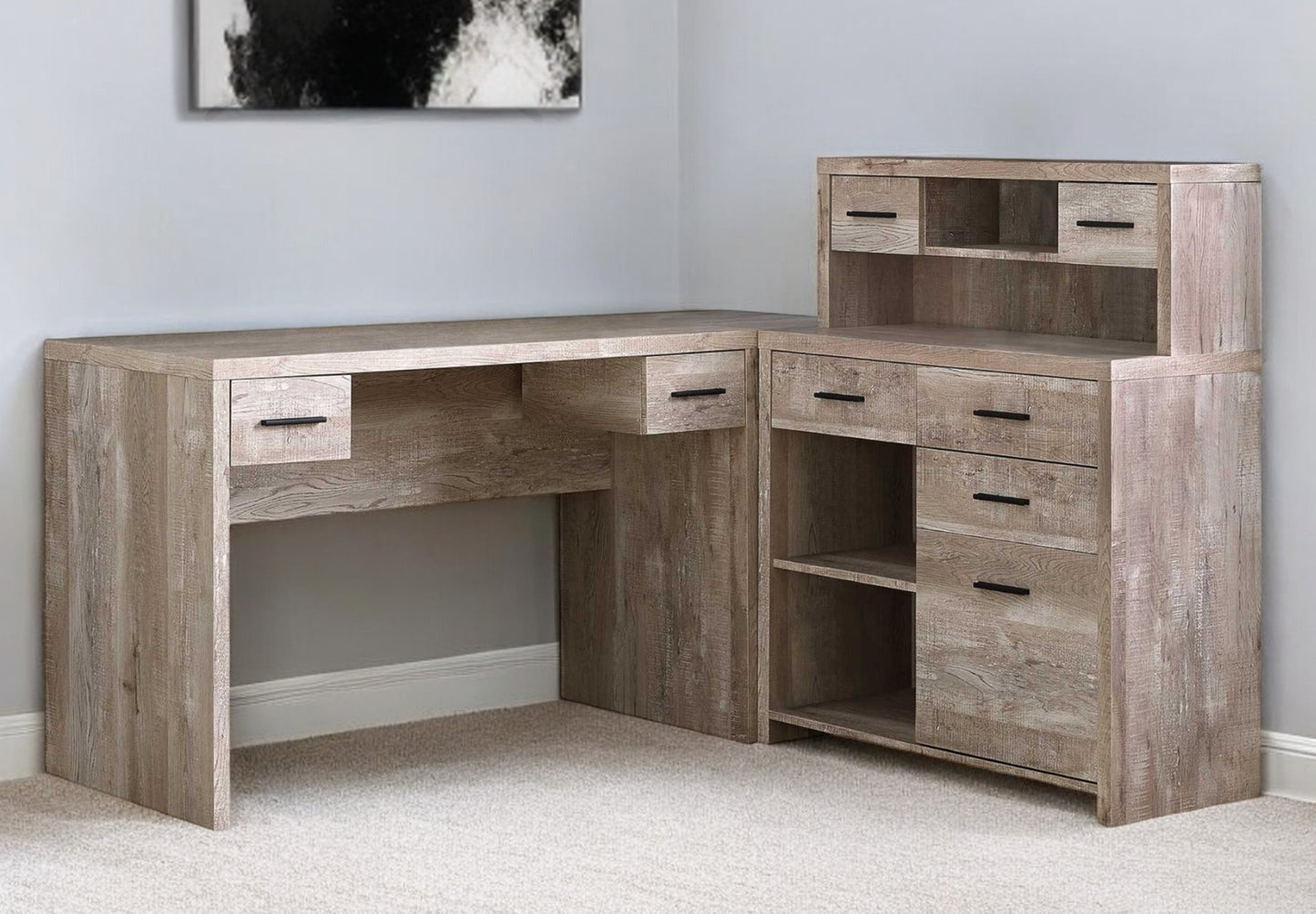 63" Brown L Shape Computer Desk With Eight Drawers