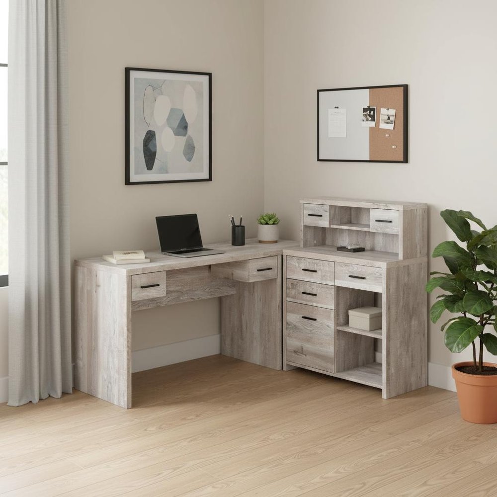 63" Taupe L Shape Computer Desk With Eight Drawers