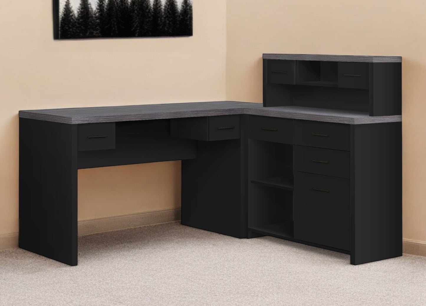 63" Brown L Shape Computer Desk With Eight Drawers