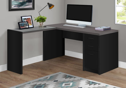 60" Gray and Black L Shape Computer Desk With Three Drawers