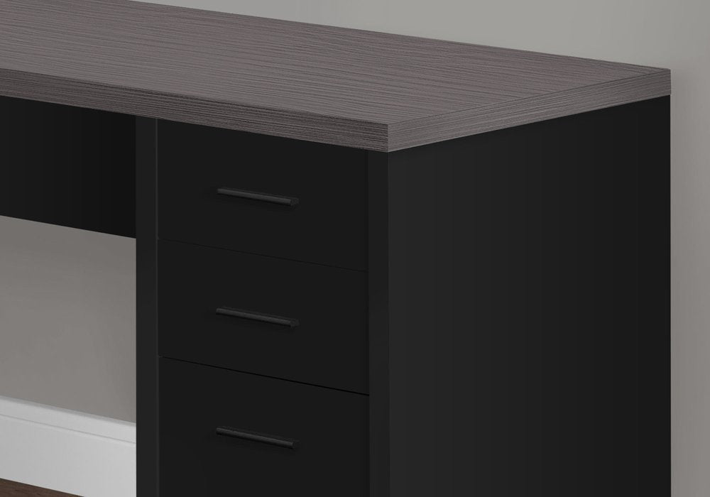 60" Gray and Black L Shape Computer Desk With Three Drawers